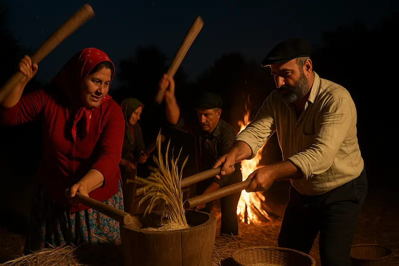 “شالیکوبی دستی”؛ صدای کوبیدن برنج در شب